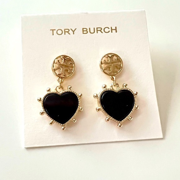 Tory Burch Jewelry - TORY BURCH• Heart Resin Black‎ Goldtone Logo Drop Earrings
